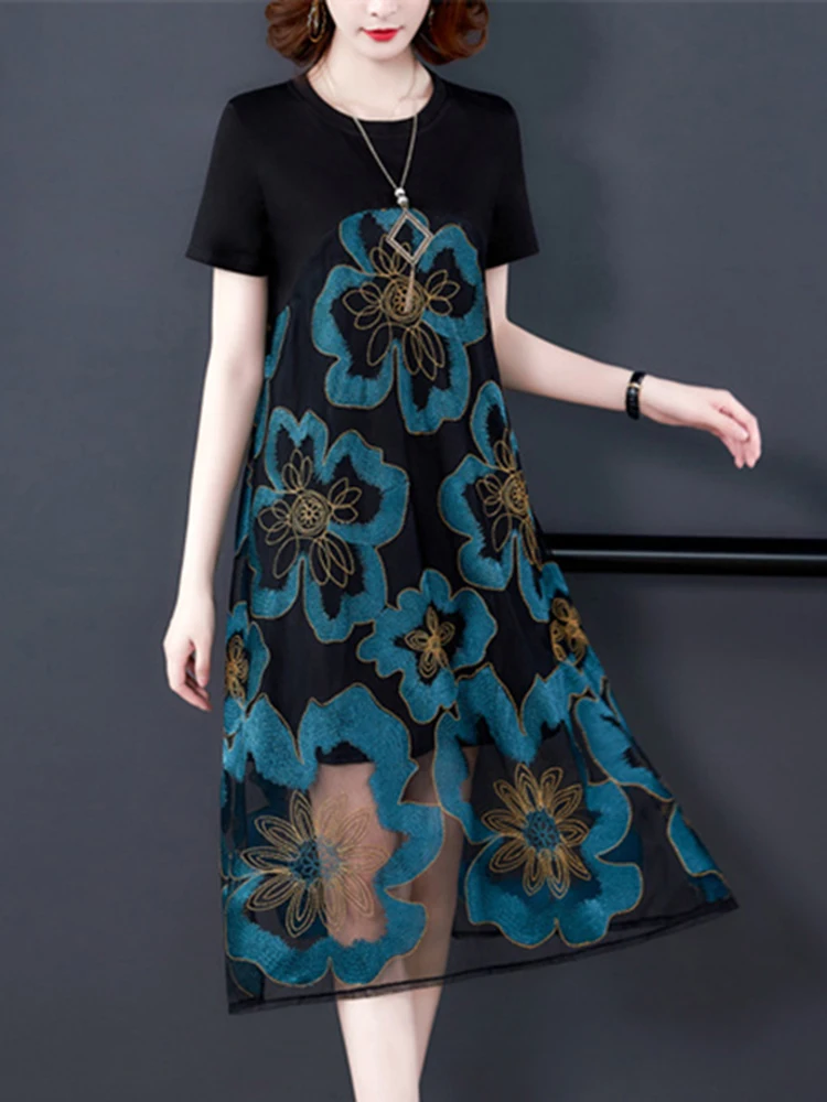 

Женское винтажное платье миди в стиле Хепберн, черное Сетчатое платье составного кроя с цветочной вышивкой, элегантное облегающее платье д...
