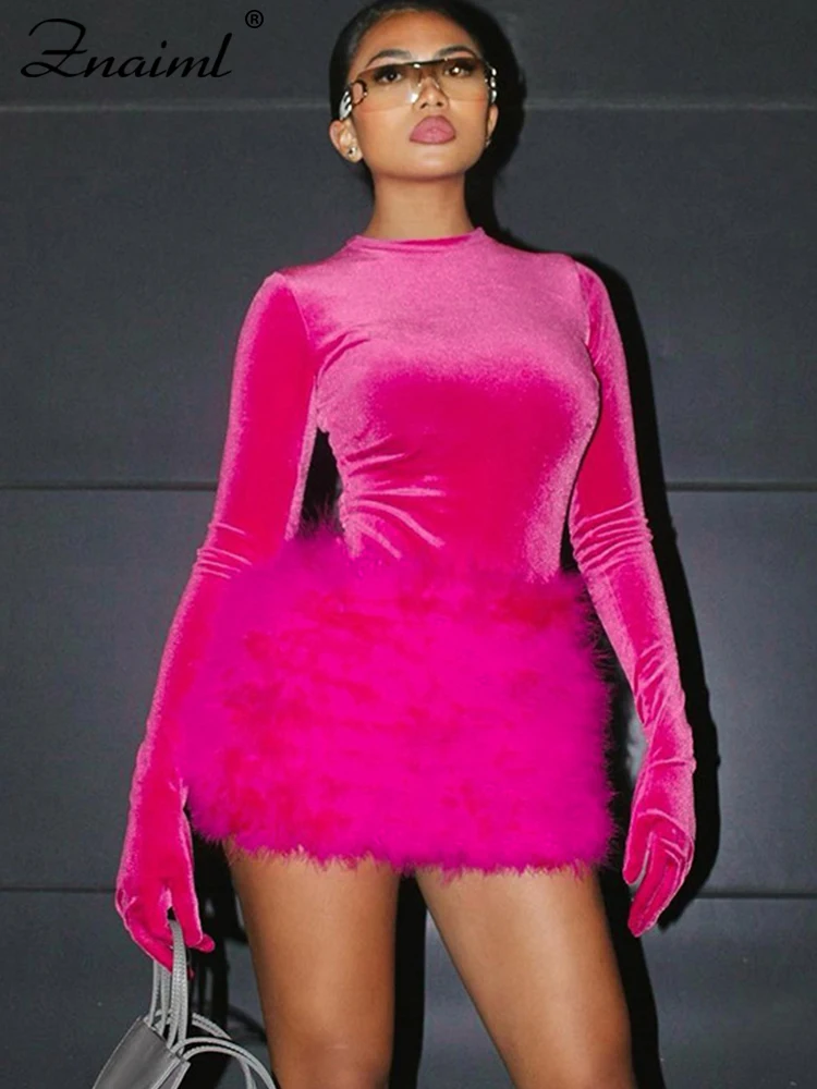 

Znaiml Autumn Velvet Long Sleeve with Gloves Bodysuit Top and Feathers Mini Skirt 2 Piece Set Women NightClub Birthday Outfit
