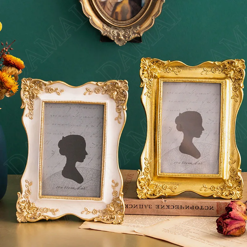 

European Resin Photo Frame Golden Stroke 6 Inches Bedroom Desktop Frames for Pictures Retro Carved Desktop Photo Organizer