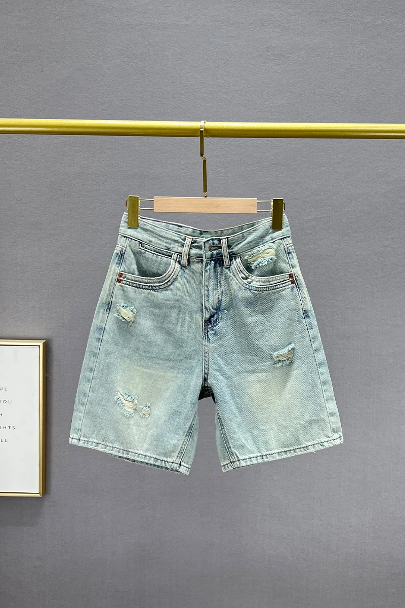 Ripped Denim Shorts Women's Clothes 2023 New Summer High Waist Loose Slimming All-Matching Wide Leg Short Jeans Pants Streetwear