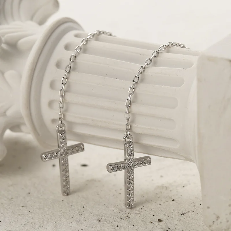 Модные висячие серьги с кисточками и цепочкой цирконом крестом для женщин