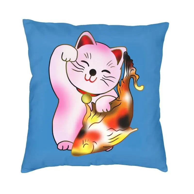 

Cute Maneki Neko Lucky Cat With Fish Throw Pillow Covers Home Decor Cute Cushions for Sofa Square Pillowcase