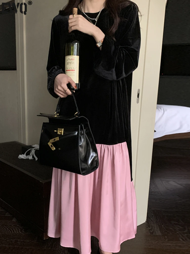 

[EWQ] Ruffle Patchwork Contrast Velvet Dress For Women Long Sleeve O-neck Loose Fashion Dresses 2023 Winter Winter New 16U5085
