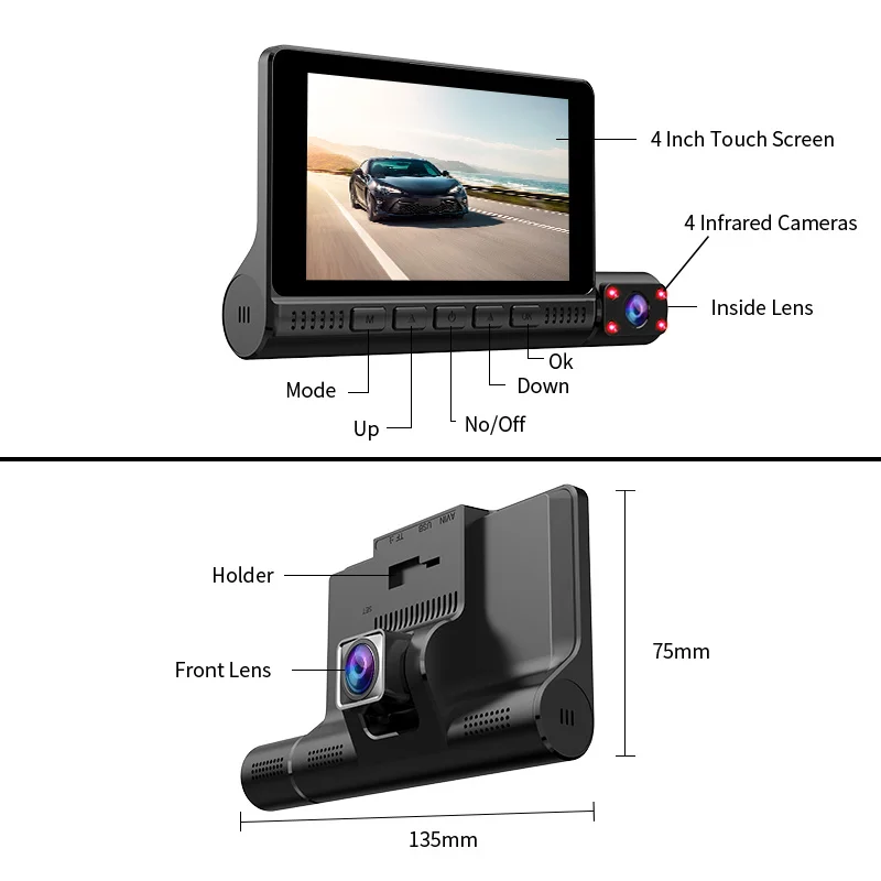 E-ACE 1080P Car DVR Night Vision B41 3 Cameras Lens Dash Cam 4 Inch Touch Screen FHD G-Sensor 24H Parking Monitoring | Автомобили и