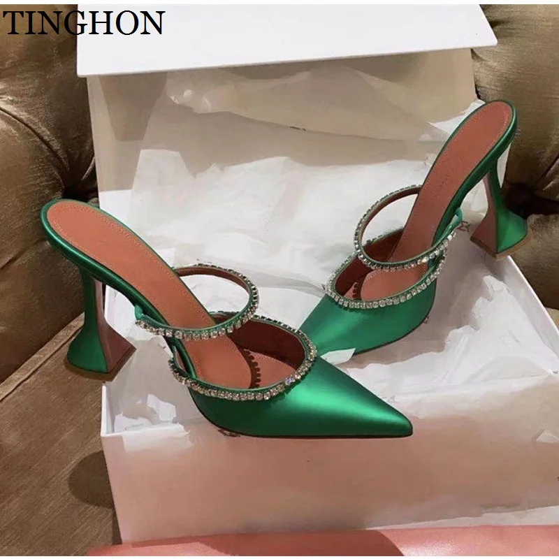 

2023 Rhinestones Satin Women Pumps Slippers Elegant Pointed Toe High Heels Lady Mules Sildes Summer Fashion Party Prom Shoes