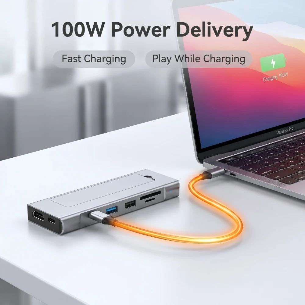 Фото NULOXO USB-C хаб 8-в-1 с корпусом для M.2 NVMe SSD, 10 Гбит/с, 4K HDMI, 100 Вт PD, кардридер SD/TF, многопортовый адаптер для MacBook и ноутбуков №4