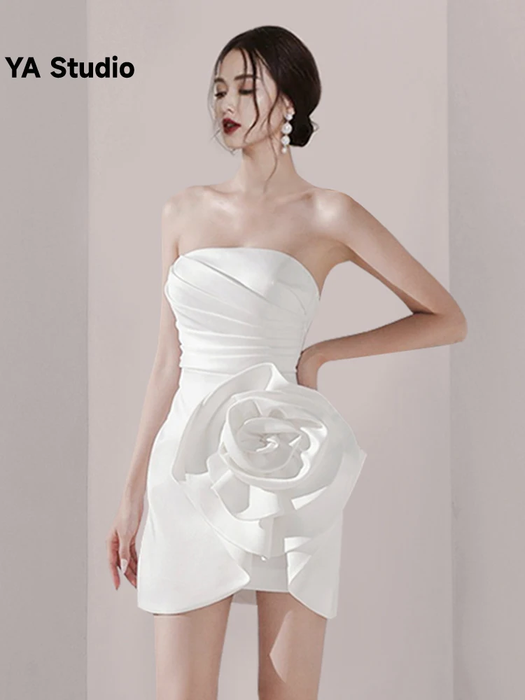 

[YA Studio] Белое Атласное Платье с бюстгальтером, Короткое женское сексуальное вечернее платье неправильной формы с трехмерными цветами