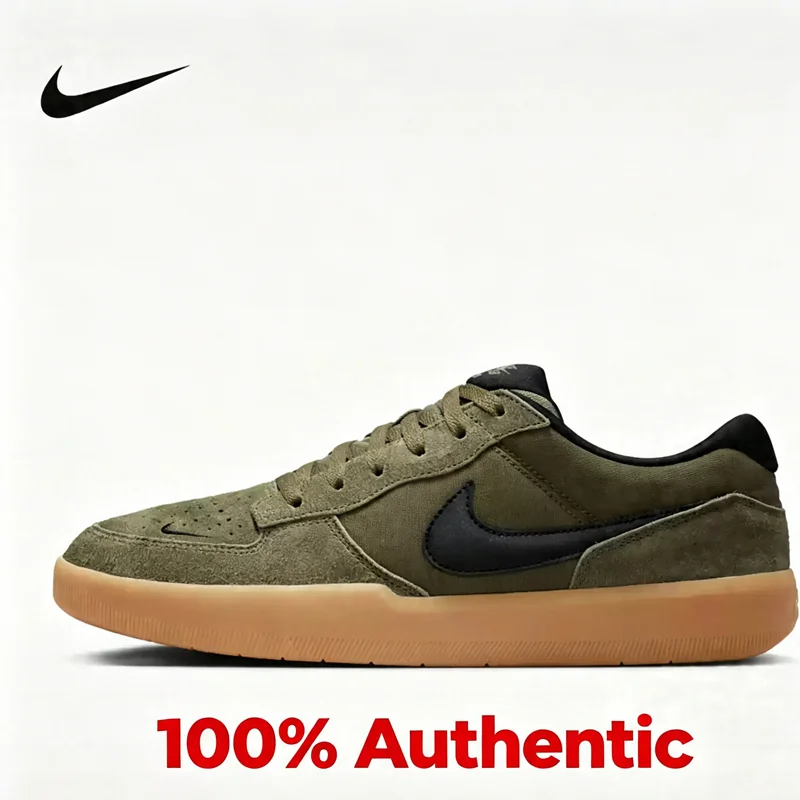 Фото Кроссовки Nike IQ8398-200 2026 New Low Top Skate Shoes, оливковые, замшевые, с подошвой Gum Sole, повседневные уличные кеды, превосходящие аналогичную обувь для скейтбординга №1