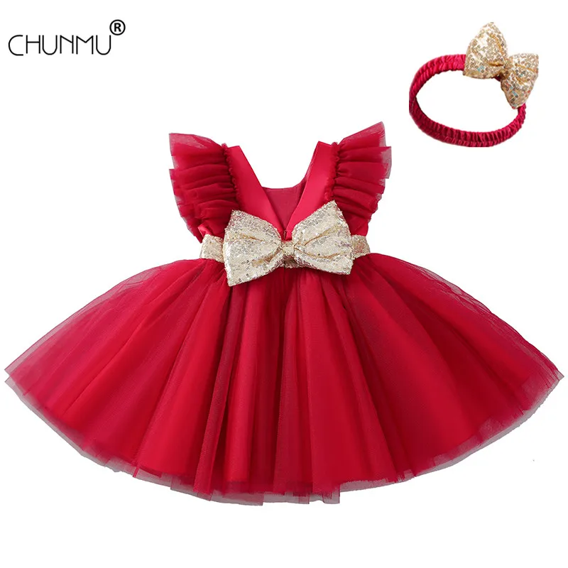 

Christmas Infant Dress Lace Bow Princess 1st Birthday Dress For Baby Girl Clothes Gown Tutu Baptism Dress Party Wedding Dress