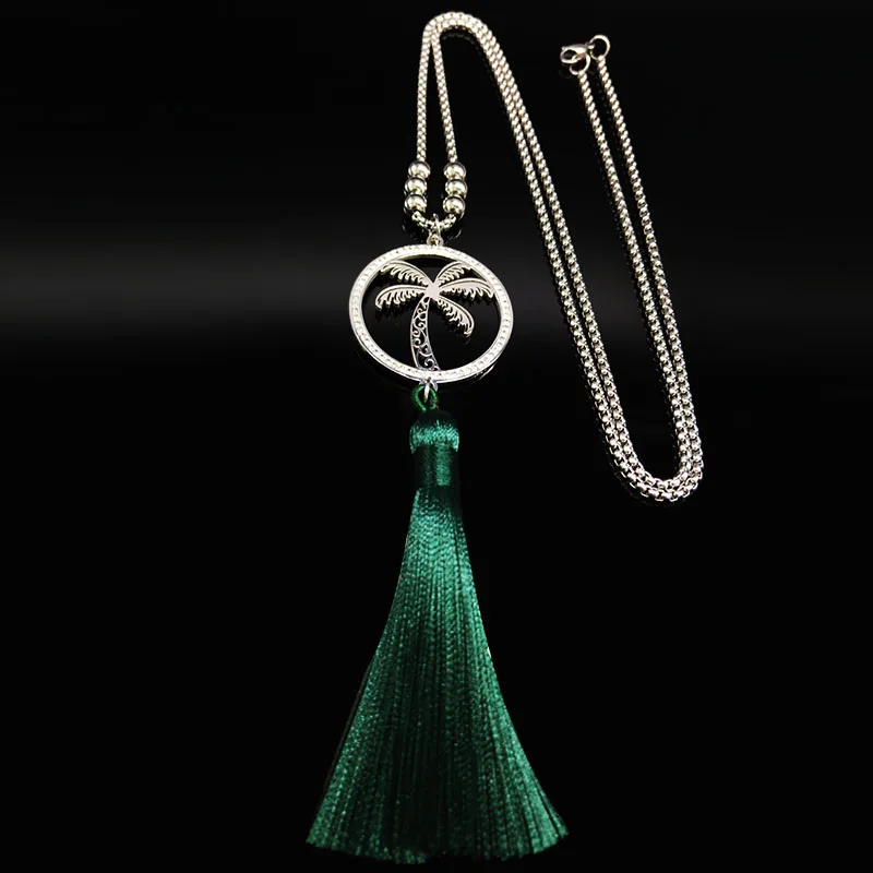 

Bead Crystal Stainless Steel Long Necklaces Women Tassel Coconut Tree Necklaces Vacation Jewelry N18551S08