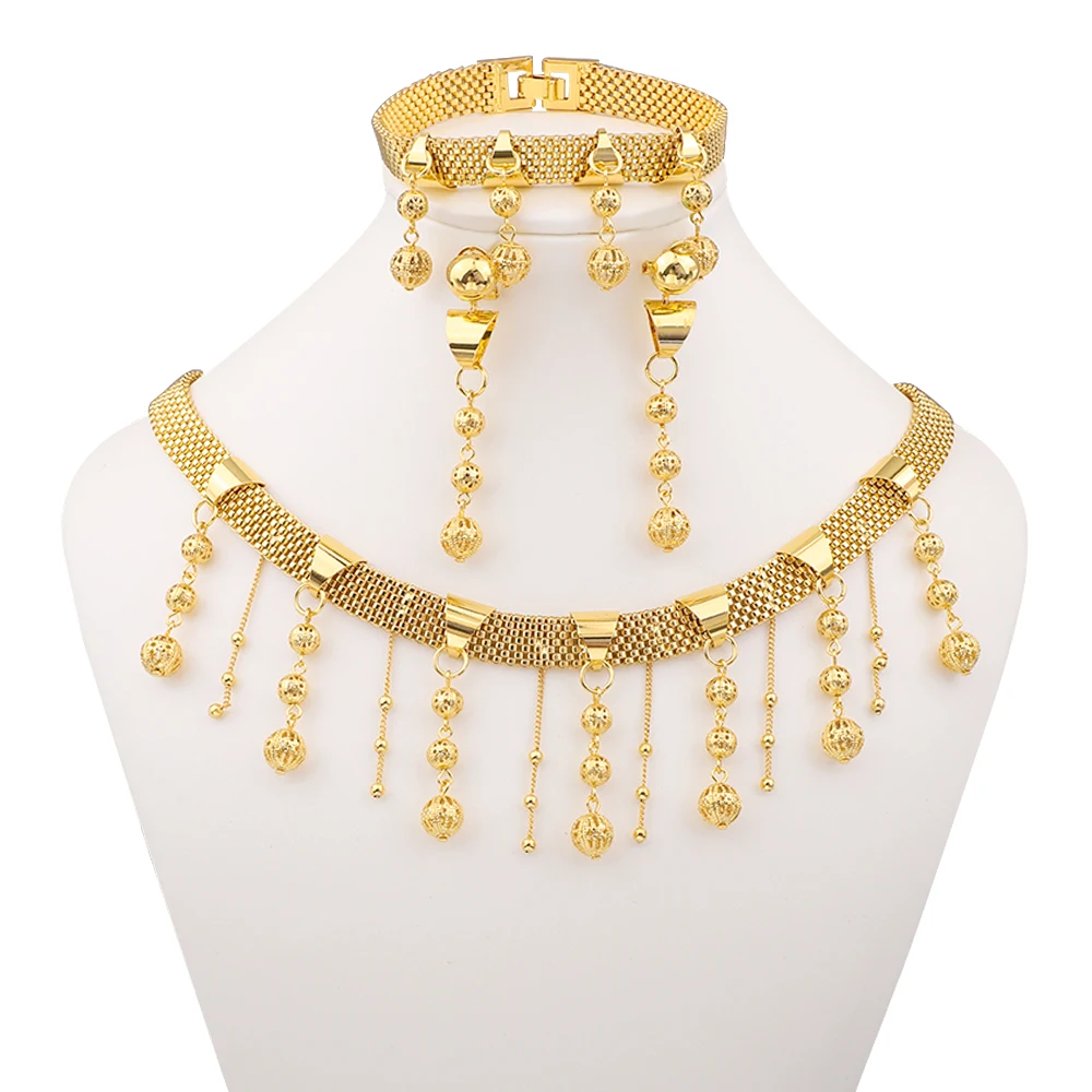 

Dubai African Gold Color Jewelry Set Necklace Sets For Women Bride Earrings Bracelet Indian Nigerian Wedding Jewelery Set Gift