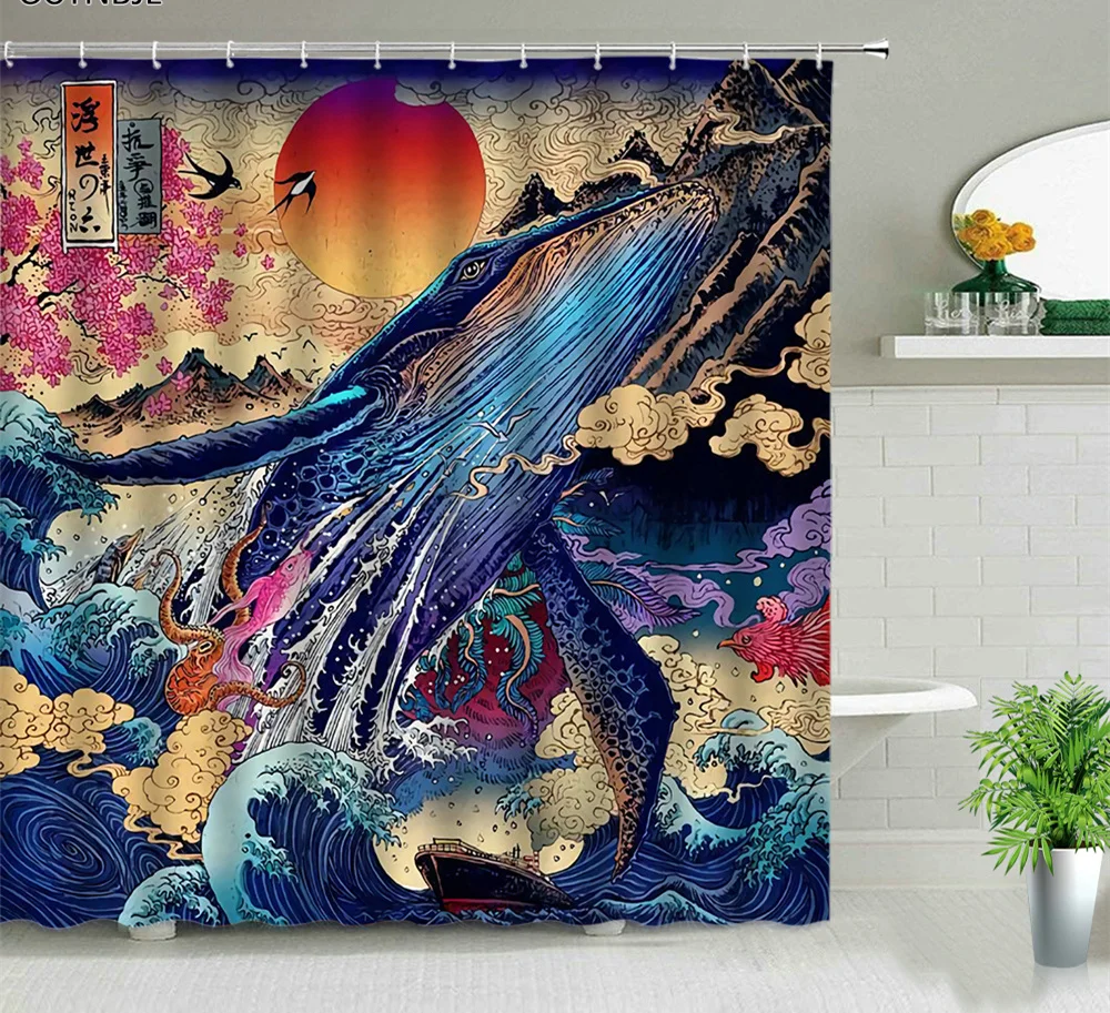 

Ocean Animal Octopus Whale Sea Turtle Shower Curtains Creativity Design Bathroom Bath Curtain Bathtub Decor Cloth Sets With Hook