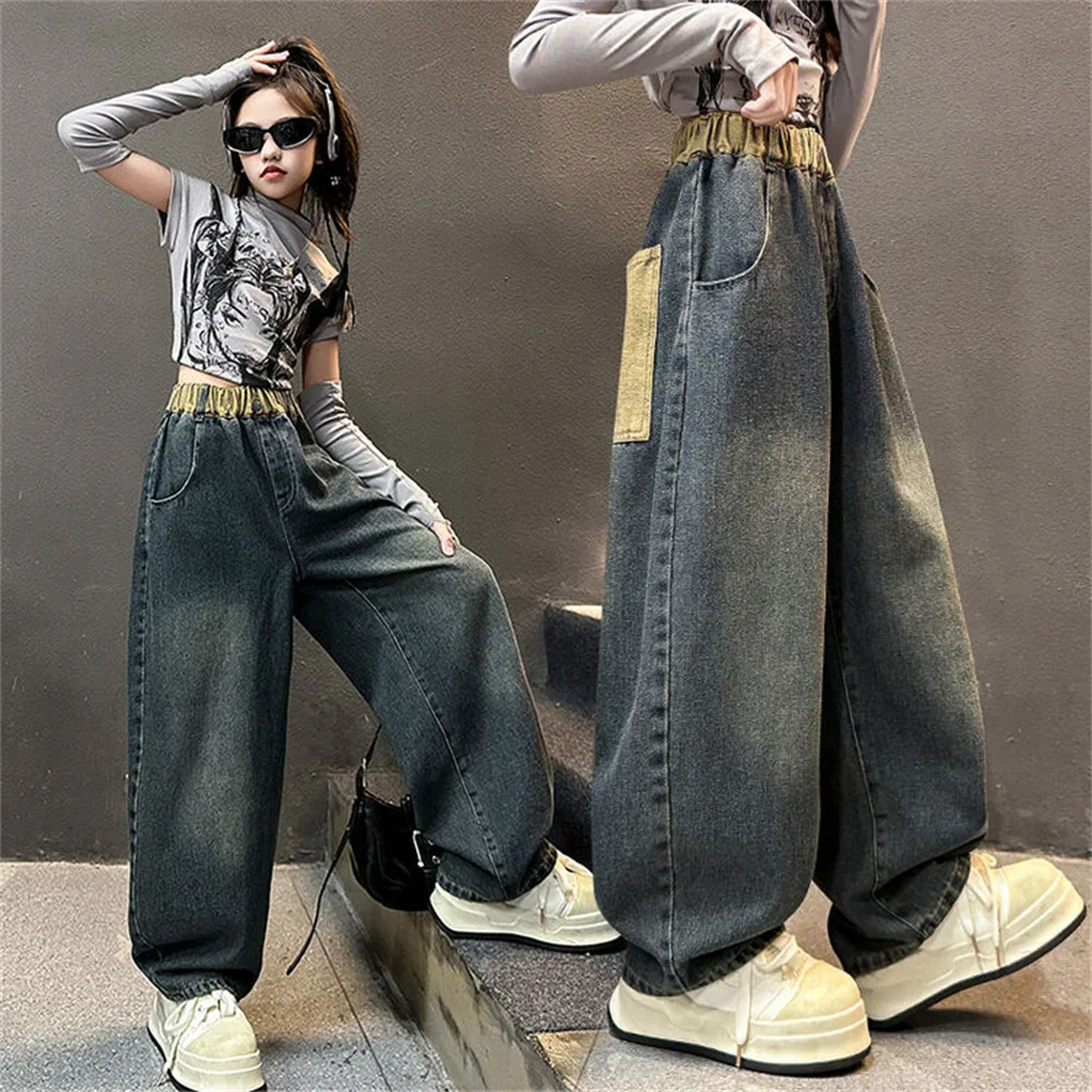 2431 корейские модные джинсы с изогнутыми ножками для девочек детские широкие