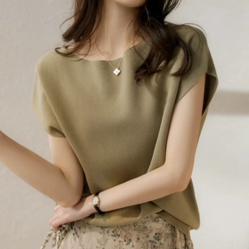 

Blusas Summer Knitwear Top Women Bat Sleeves Solid Thin T-shirt Top Versatile Casual Loose Shirt Slim Top Design Elegant 26786