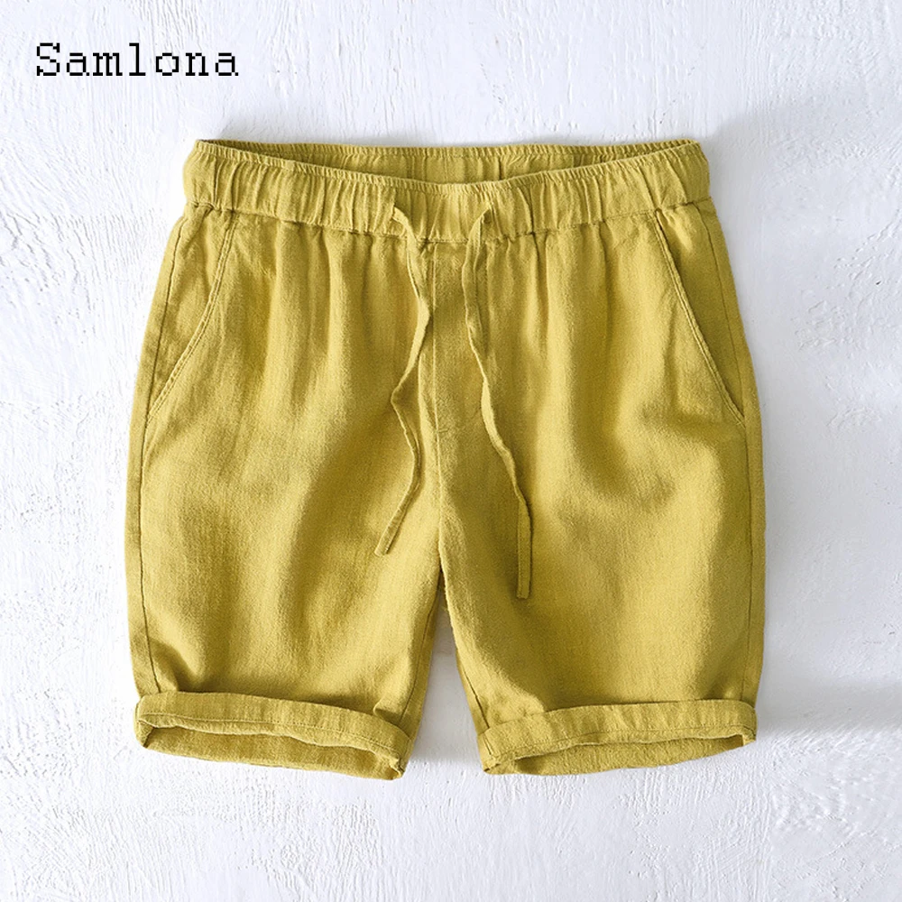 Samlona Men Fashion Linen Shorts 2022 Summer New Sexy Lace-up Skinny Shorts Plus size 4xl Male Casual Beach Short Pants Green