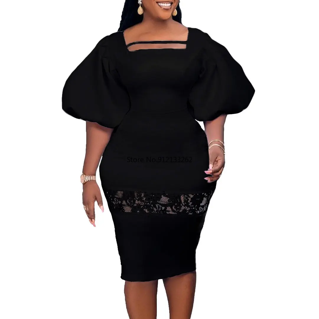 

Summer Elegant African Women Half Sleeve Square Collar Polyester Solid Color Knee-length Dress Dashiki African Dresses for Women