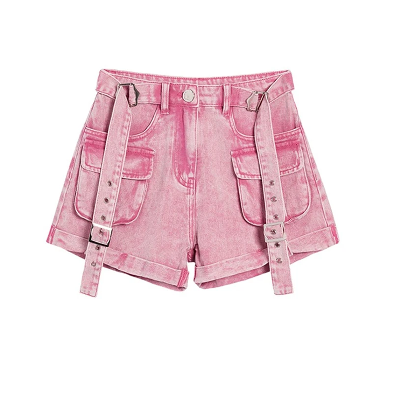 

2023 Summer Women's Pink Cargo Denim Shorts High Waist Wide Shorts Harajuku Korean Y2k Casual Y2k A Line Jean Shorts Streetwear