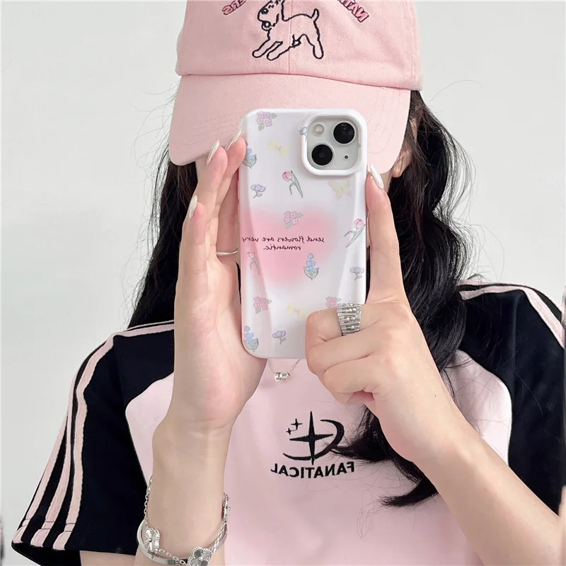 Summer Cute Pink Love Heart Full Screen Broken Flowers Phone Case For iPhone 14 13 11 12 Pro MAX Plus Girl Niche Film Back Shell