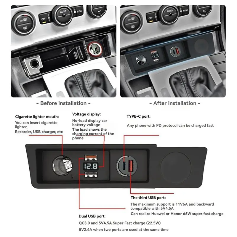 Фото Высококачественный разветвитель прикуривателя для Passat B6 B7 CC R36 с быстрой зарядкой USB 3A2C Type C №2