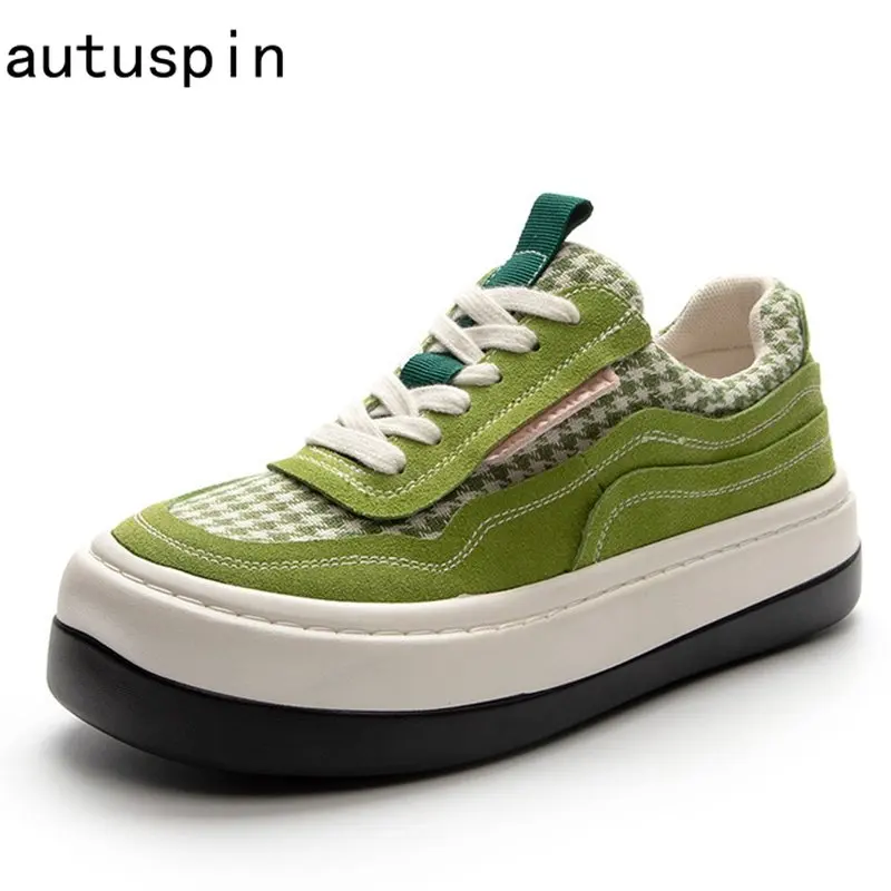 

Autuspin Green Plaid Canvas Shoes Women 2023 Fashion Four Season Casual Platform Suede Vulcanized Sneakers Outdoor Students