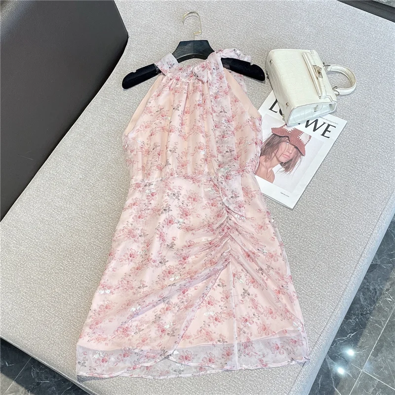 

Женское шифоновое платье с завышенной талией, розовое короткое платье без рукавов с цветочным принтом и лямкой на шее, GF360, лето 2022