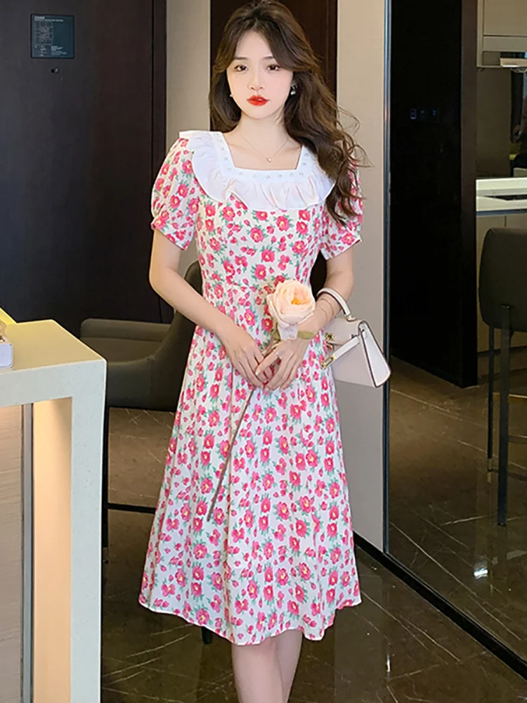 

2023 Red Floral Chic Ruffled Sqaure Collar Long Dress Women Casual Beach Style New In Dress Summer Korean Fashion Elegant Dress