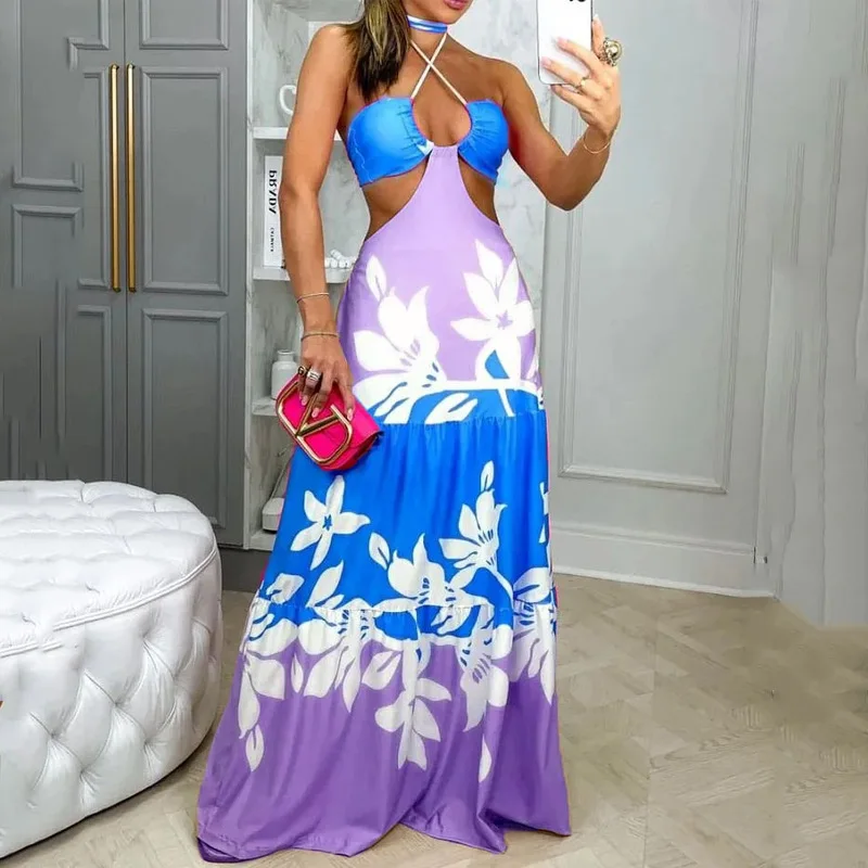 

Женское платье макси без рукавов, Элегантное повседневное платье с принтом и лямкой на шее, лето 2023