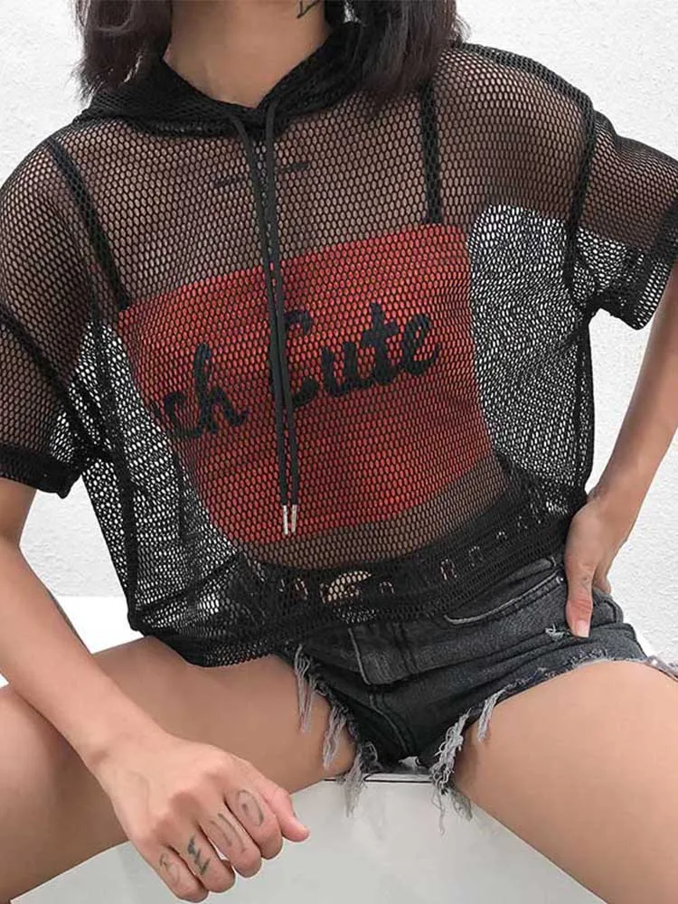 Womens Hollow Mesh Net Hooded T-Shirt Short Sleeve Tee Tops Transparent Black Swxy Clubwear Party