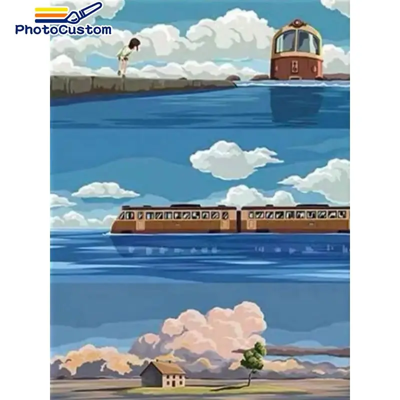 

PhotoCustom Painting By Number Train Wall Art DIY Frame Picture By Numbers Scenery Acrylic Canvas Painting For Decoration