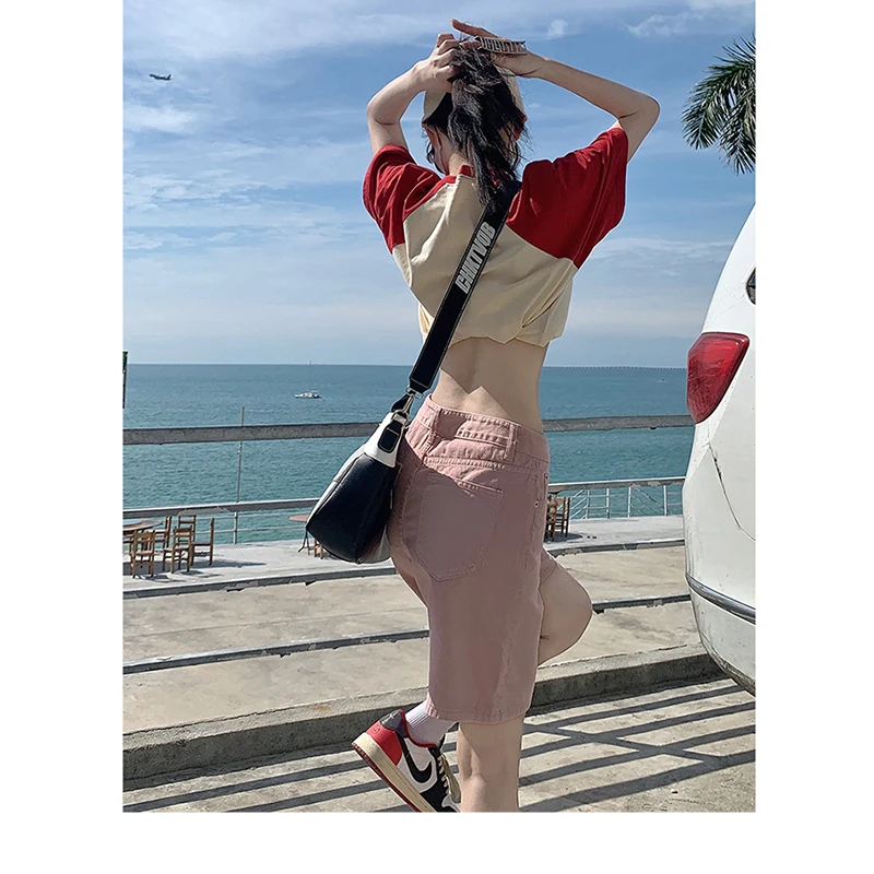 Real time photo of denim women's 2023 new shorts high street summer quarter pants dirty pink high waisted thin small and loose f