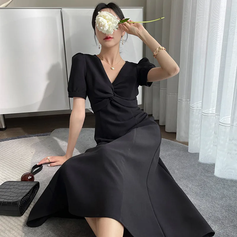 

All Season Spring Summer Sexy Casual For Women's A-Line Dress Solid Thin Soft V-Neck Sexy Skirt Grace Party Blakc Pleated