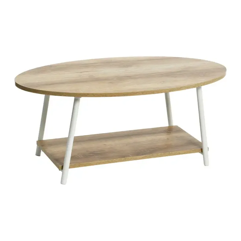 

Oval Coffee Table, 2 Tier Coffee Table with Storage Shelf, Angled Steel Legs and Faux Two Toned Wood , Coastal Oak For Bathroom