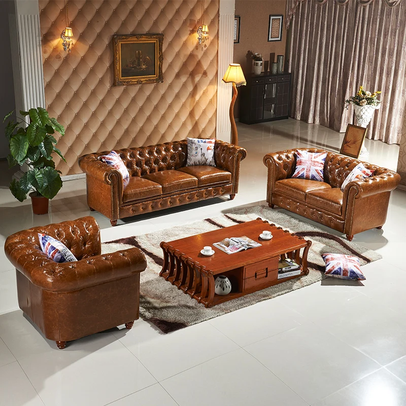 

European Retro Leather 123 Chesterfield Sofa Set Furniture Leather Living Room Couch
