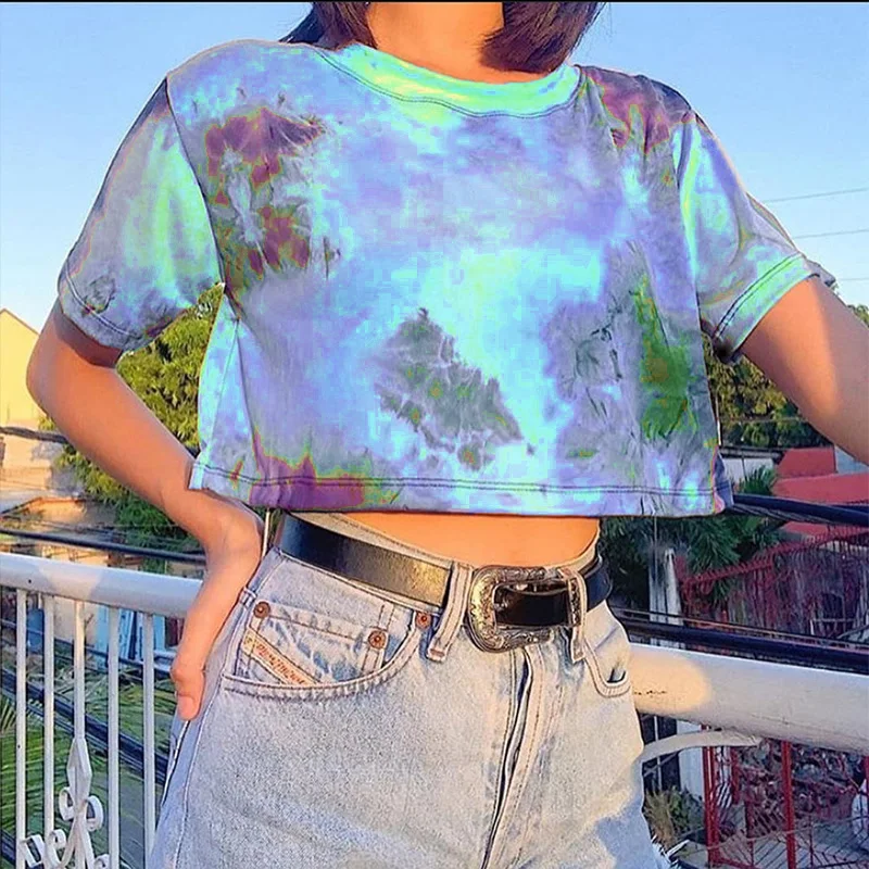 

2021 Summer Women Tshirts Casual Tie-dye Short Sleeve O-neck Tops All-match Neon Print Bottom Short Tee Clothes High Streetwear