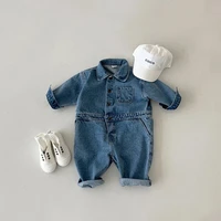 lzh 2022 new autumn fashion baby girl clothes fashion long sleeves jumpsuits for boys bebes turn down collar denim rompers 1 3y