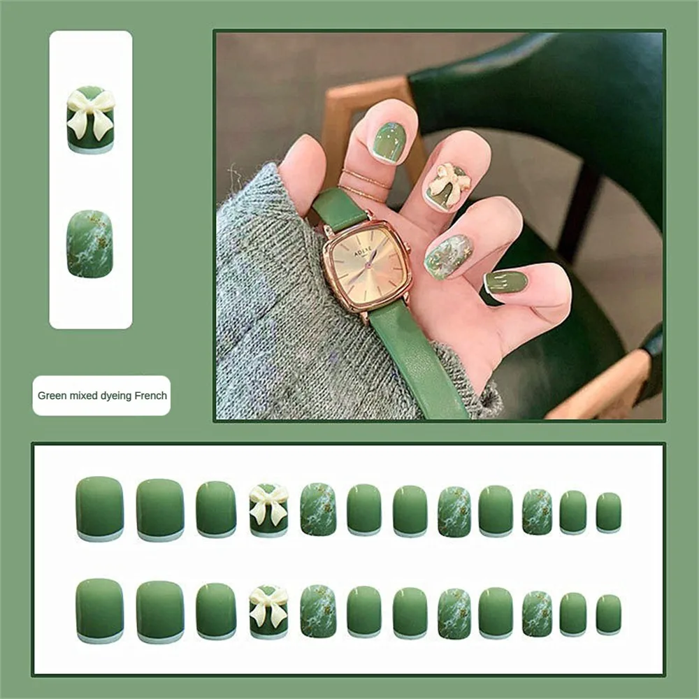 

24Pcs/Set Press On Fake Nails Green Wearing Reusable False Nails Art Girls Ballerina Coffin Nail With Glue Full Cover Artificial