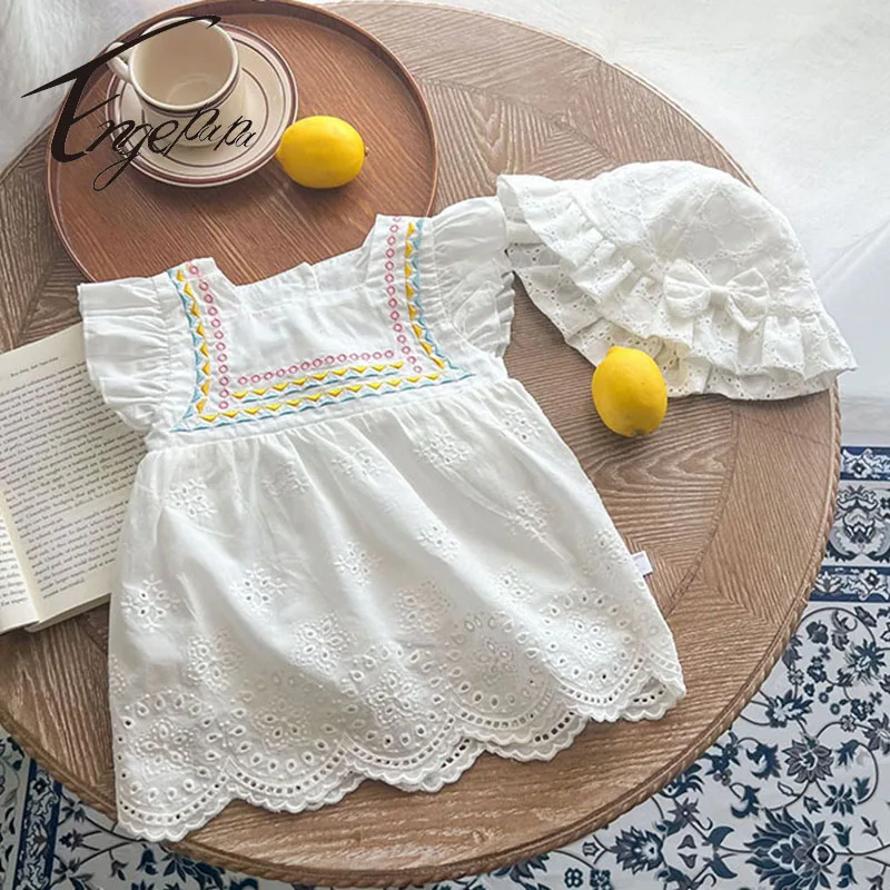 

Платье принцессы с вышивкой для маленьких девочек, платье с короткими рукавами + шапка, 2 шт., хлопковое мягкое платье для маленьких девочек, платье для маленьких девочек, одежда