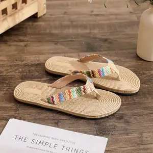 2022 Women Shoes Summer Floral Flip Flops Beach Sandals Thongs Slippers Sandal Lmitation Hemp Rope T