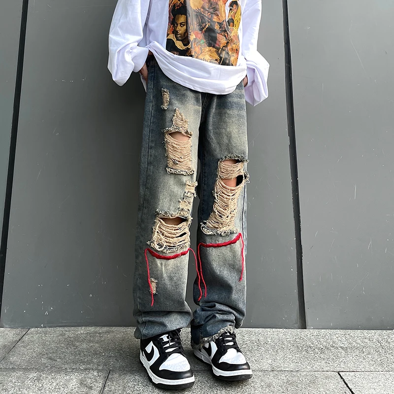 

Vintage Clothes Y2k Ripped Jeans Women Baggy Embroidery Raw Edge Trousers Casual Wide 2000s Streetwear Pants Washed Korean Style