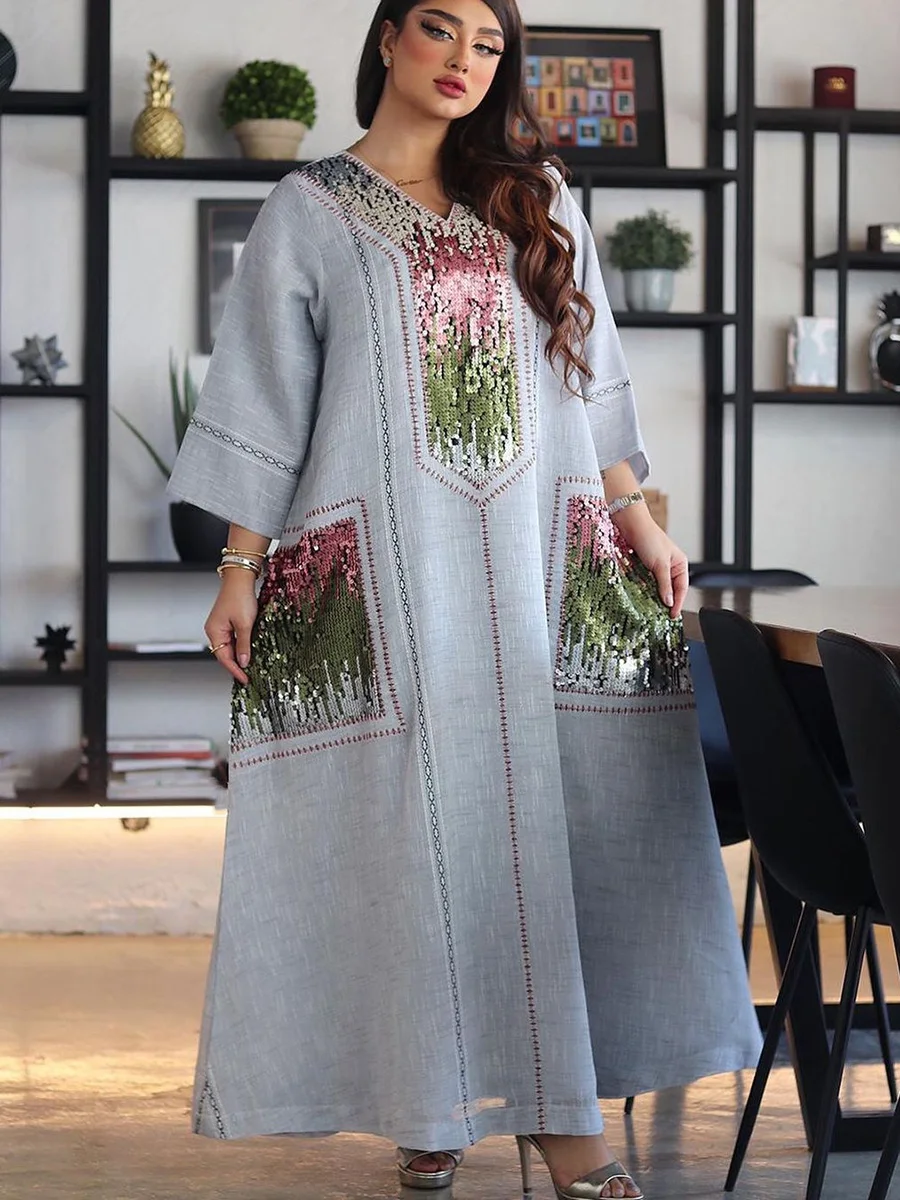 

Muslim Fashion Sequin Embroidery Women Abaya Dress Turkey Arabic V Neck Abayas Kaftan Jalabiya Islamic Cardigan 2022 Eid Mubarak