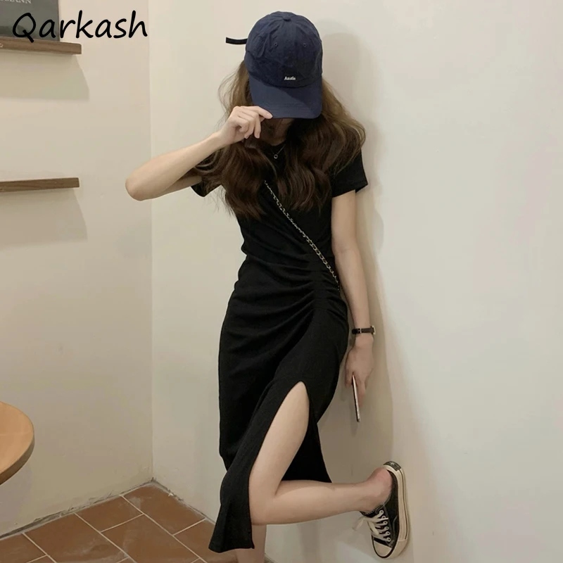 

Side Slit Midi Dresses Women Summer Folds Short Sleeve Elegant Sexy Female Vintage O-neck Knee-length Fashion Korean Empire New