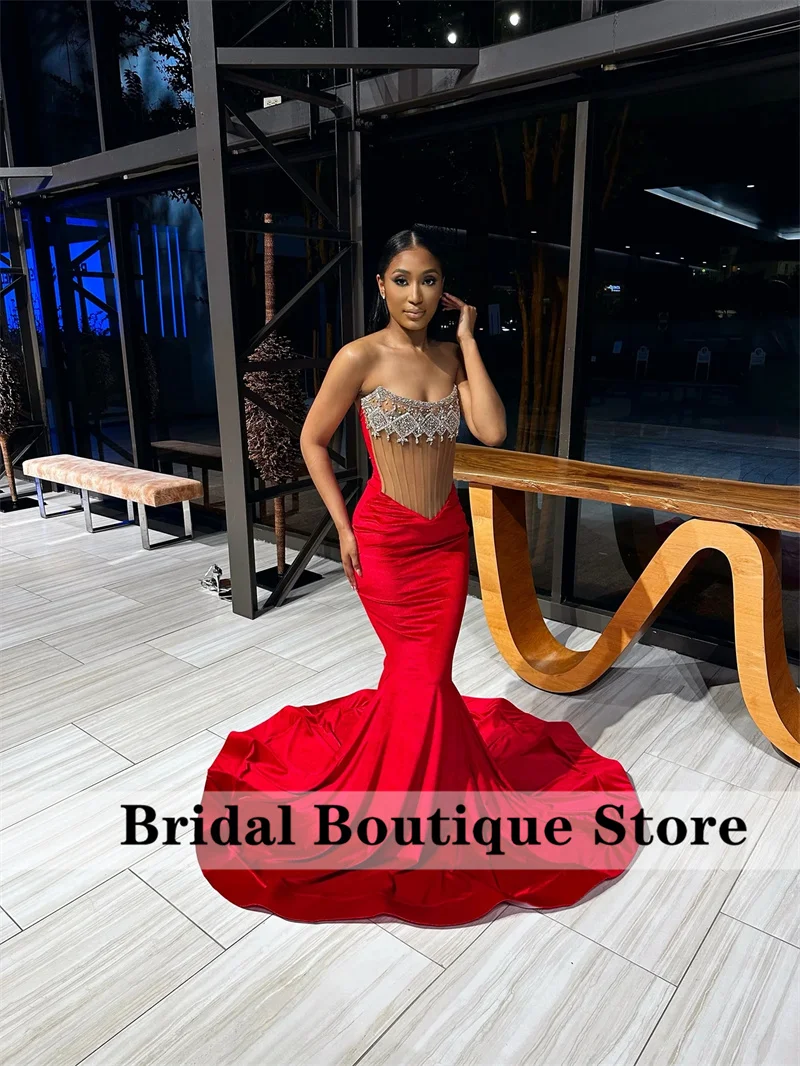 

Elegant Red Prom Dress Velvet Crystal Beads Pearl Exquisite Birthday Party Gown Wedding Reception Wear Evening Dress Robe De Bal