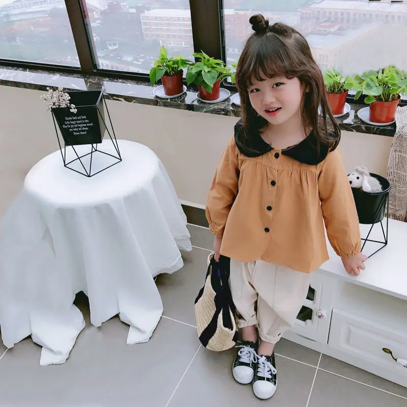 

Spring Girl Blouses Clothes Baby Shirts Toddler Infant Solid Tees Tops Kids Shirt Lapel Collar Contrast Children's Shirt