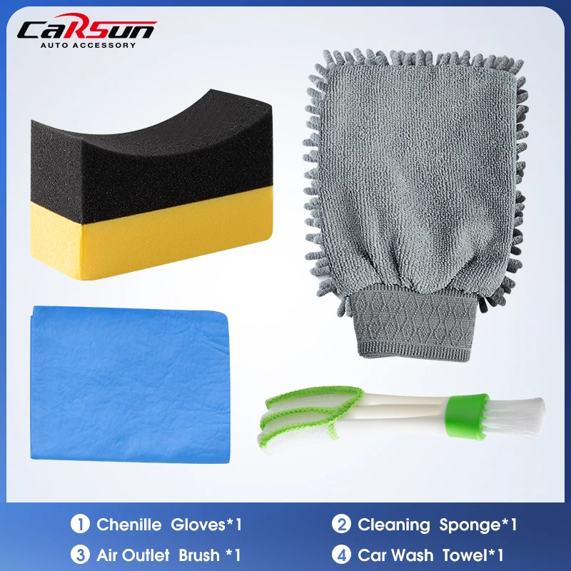 

CARSUN Car Cleaning Set 4PCS Deerskin Towel Crescent Sponge Chenille Gloves Air Outlet Cleaning Brush Maintenance Accessorie Set