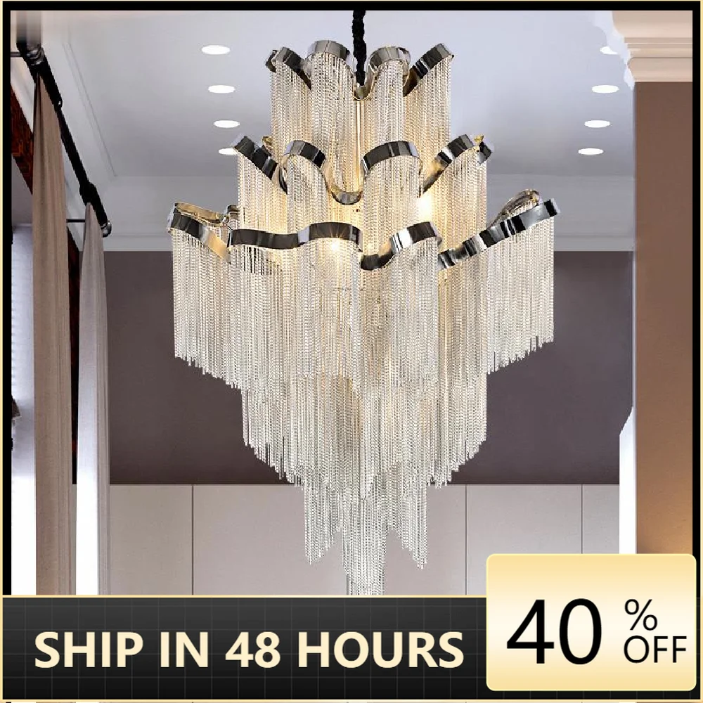 

Modern Plate Aluminium Tassel Led Pendant Light Villa Hotel Lustre Chrome Gold E14 Chandelier Living Room Luxury Hanging Lamp