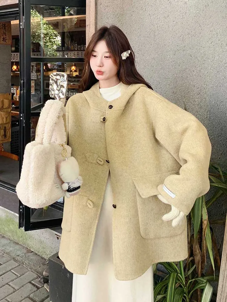 Двустороннее кашемировое пальто с капюшоном для женщин осень 2024 новая корейская