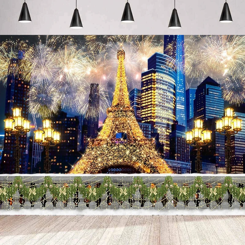 Фон для фотосъемки с Рождеством Парижа городской пейзаж ночной вид фейерверк