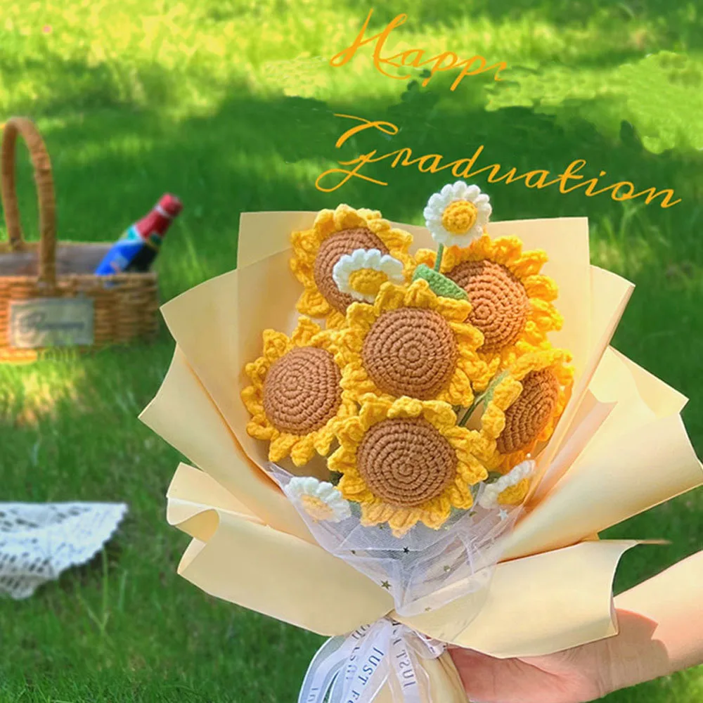 

Knitted Artificial Flowers Hand-Knitted Sunflower Bouquet Crochet Artificial Sunflower Mother Day Gift Festival Gift Daisy Weddi