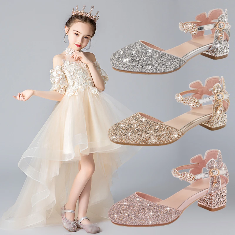 

New Spring Summer High Heels Girls Shoes Princess Dress Dance Performance Comfortable Kids Student Baby Soft Bottom 02C