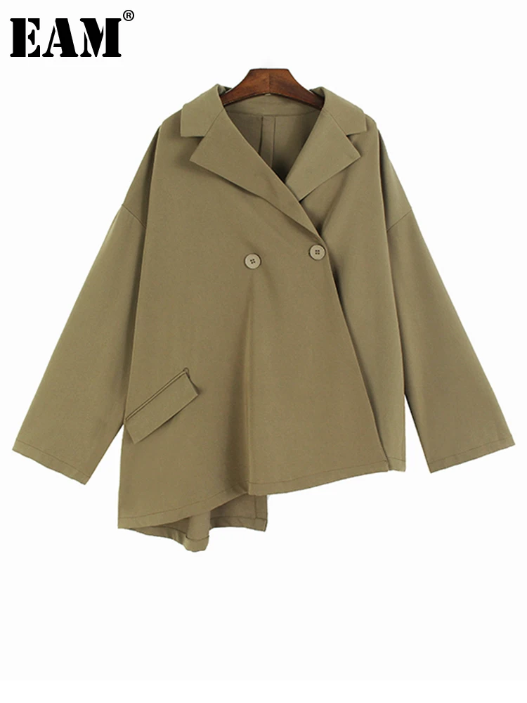 

[EAM] Свободная Повседневная куртка цвета хаки, большой размер, новая женская куртка с отворотом и длинным рукавом, модная весенне-осенняя 2023 1DH0403